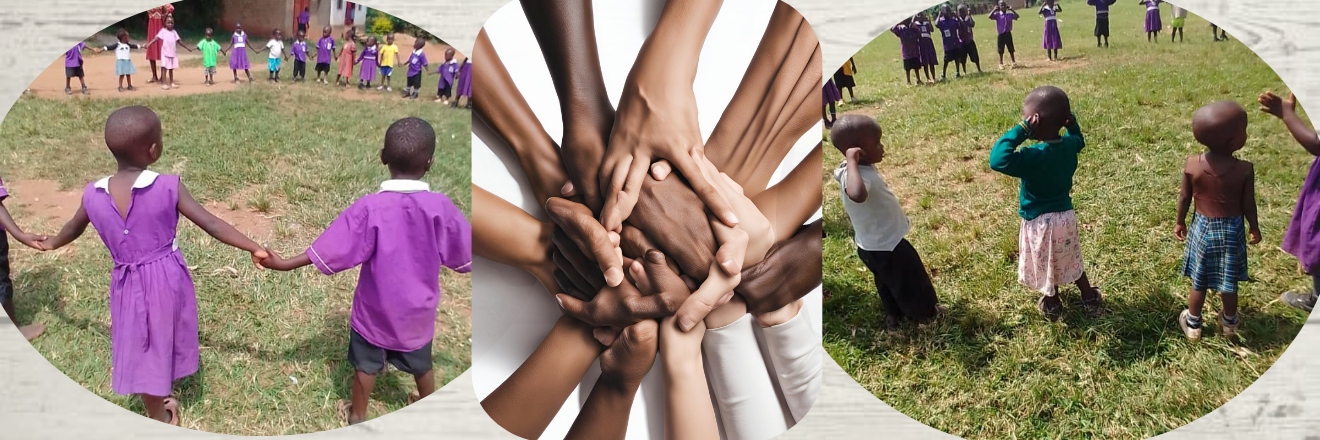 children playing in african school and image of hands holding each other