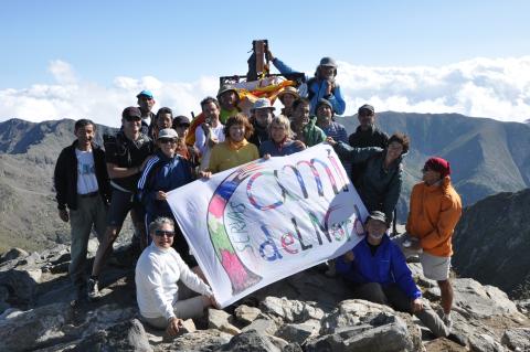 Group of mountaineers reach the top of Canigó 2.785 m